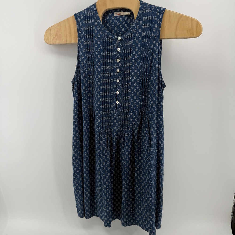 Faherty Navy Blue Floral Linen Blend Pintuck Sleeveless Dress Large